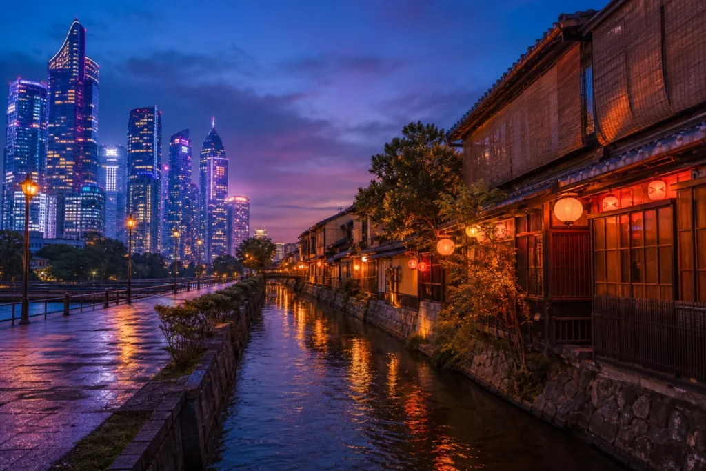 Contraste entre gratte-ciels modernes et rue traditionnelle bordée d'un canal au Japon