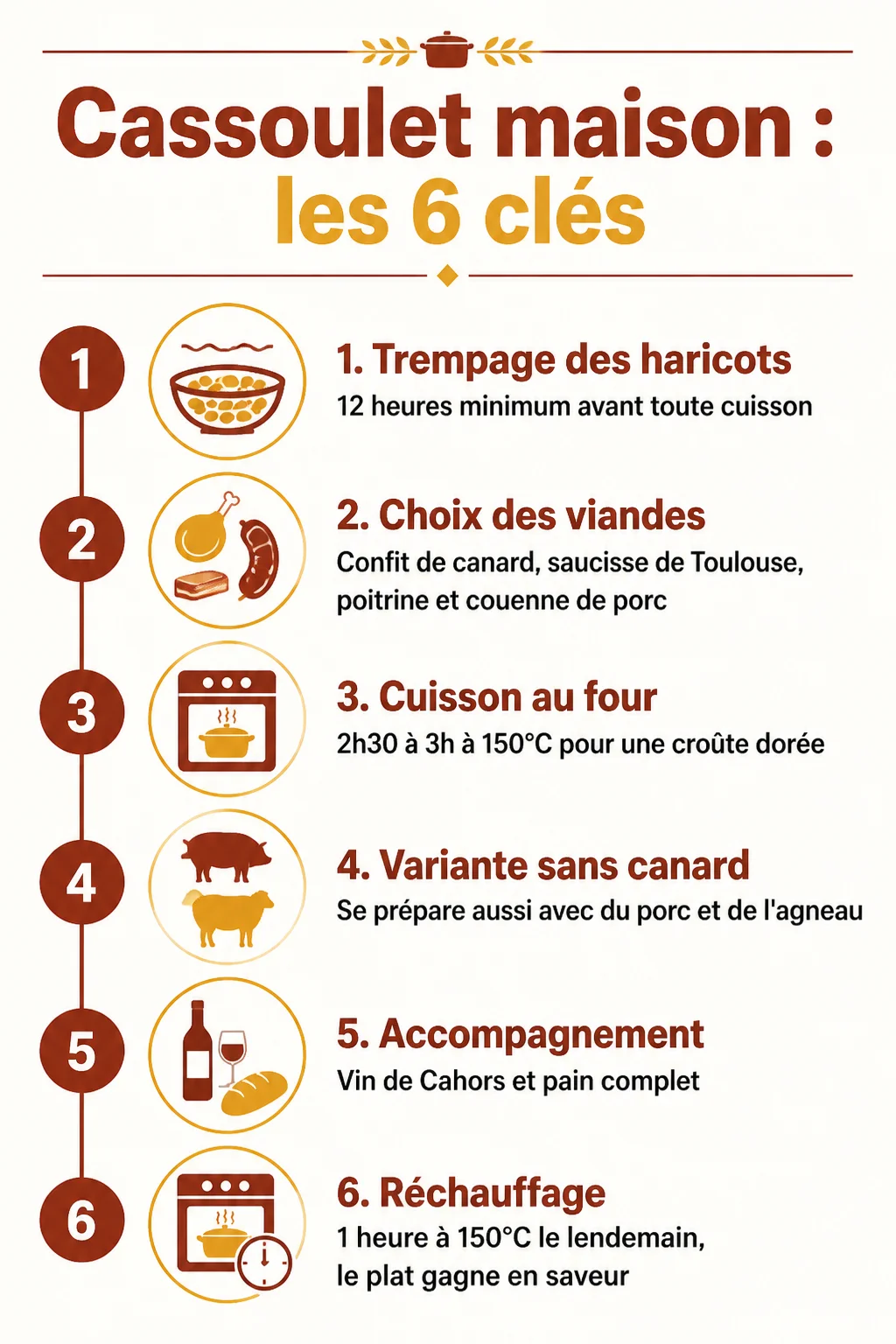 Cassoulet maison : les 6 clés : 1. Trempage des haricots, 2. Choix des viandes, 3. Cuisson au four, 4. Variante sans canard, 5. Accompagnement, 6. Réchauffage