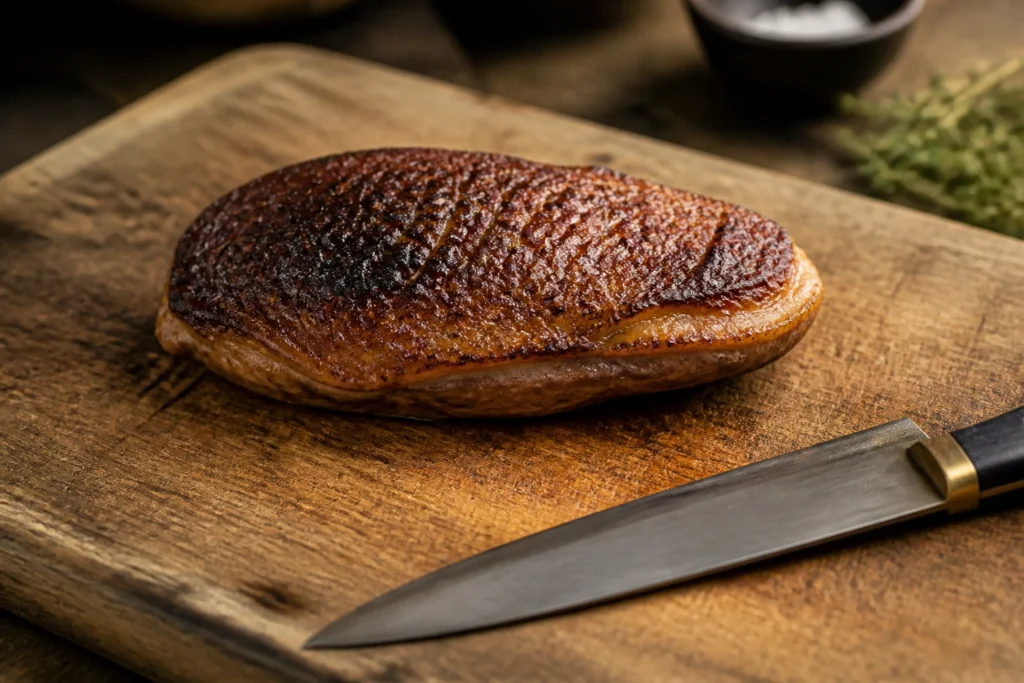 Magret de canard saisi entier sur planche en bois, prêt à être tranché