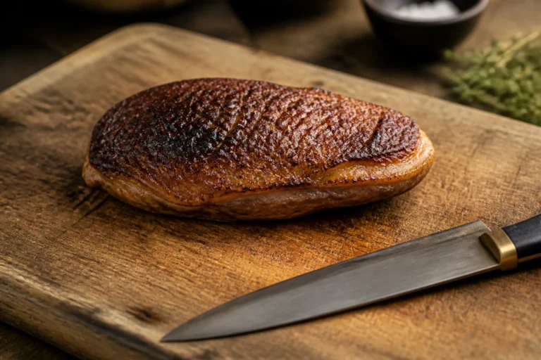 Magret de canard saisi entier sur planche en bois, prêt à être tranché