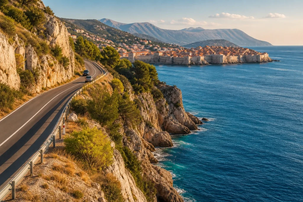 Route côtière croate longeant l'Adriatique avec une cité médiévale fortifiée au loin