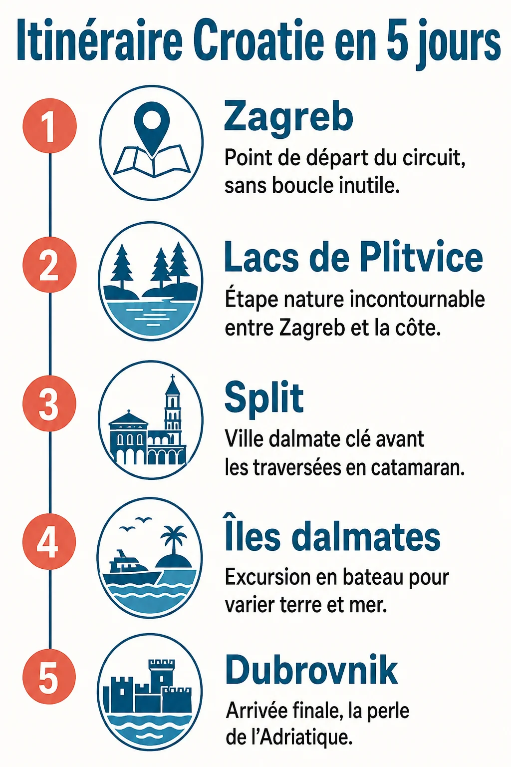 Itinéraire Croatie en 5 jours : 1. Zagreb, 2. Lacs de Plitvice, 3. Split, 4. Îles dalmates, 5. Dubrovnik