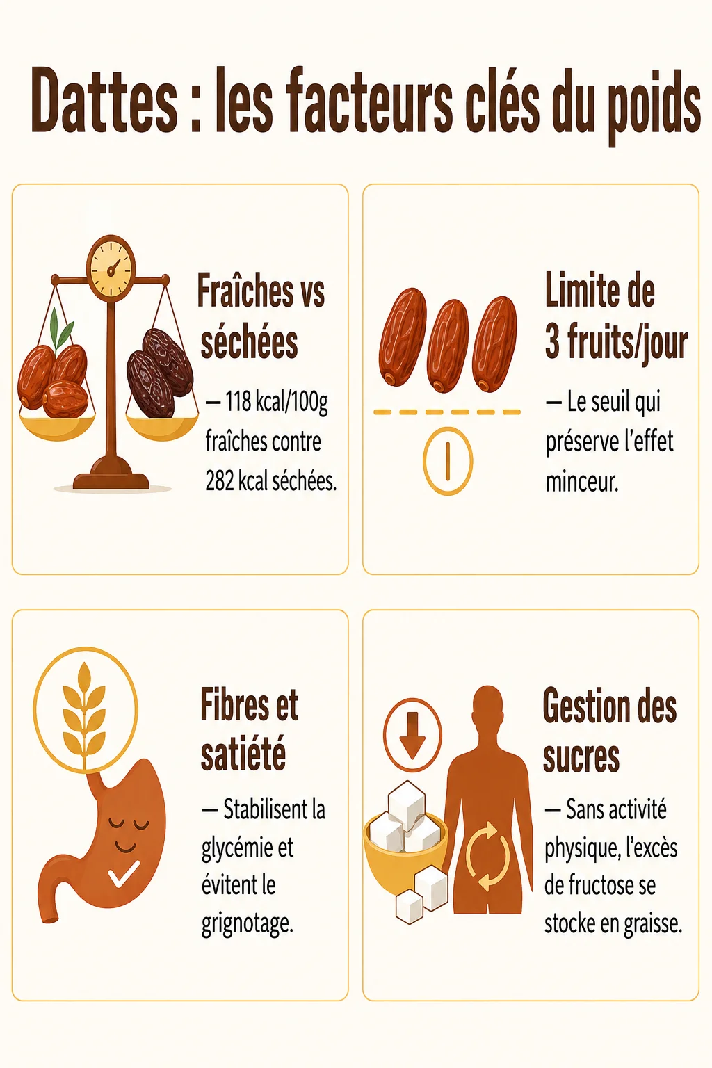 Dattes : les facteurs clés du poids : Fraîches vs séchées, Limite de 3 fruits/jour, Fibres et satiété, Gestion des sucres