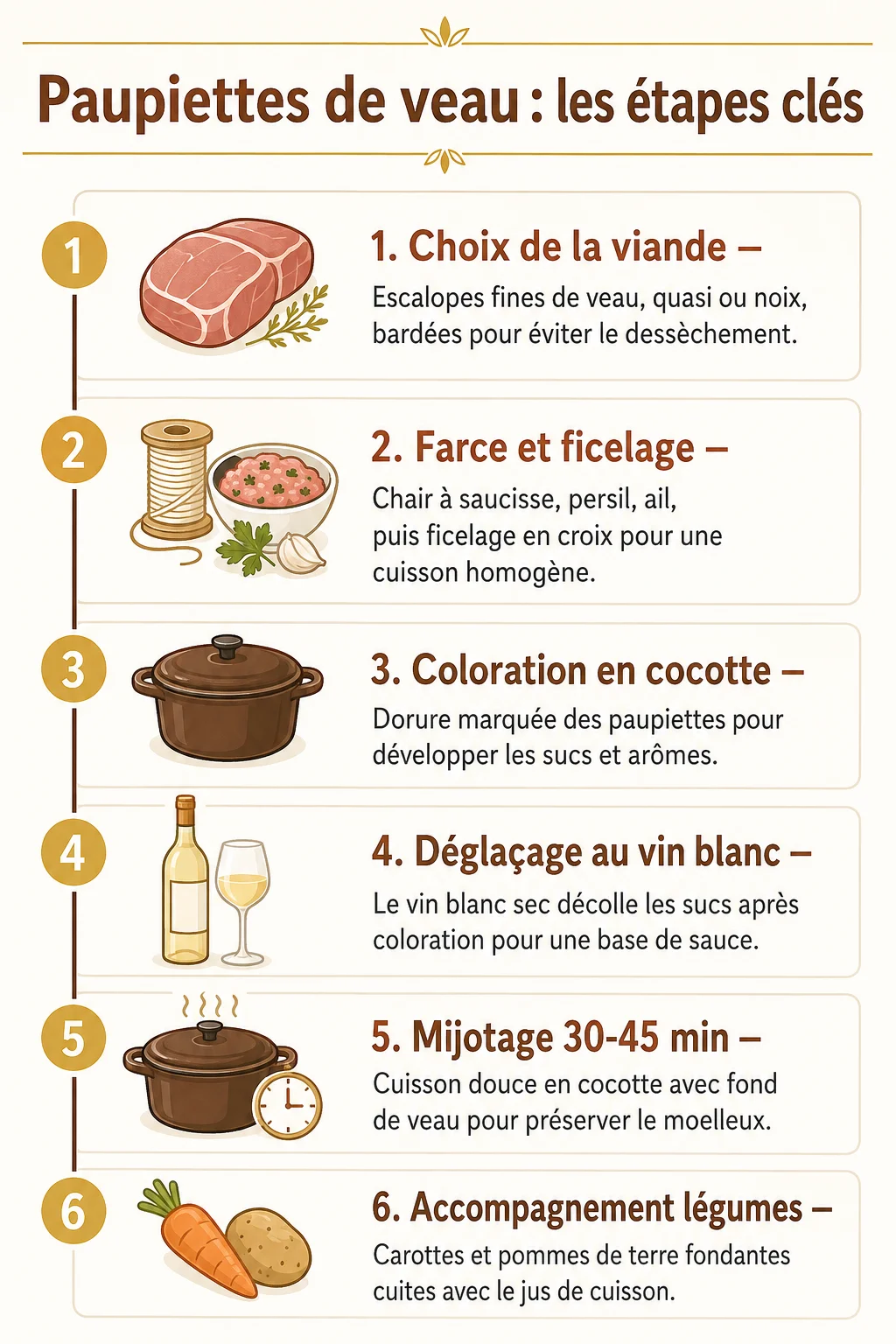 Paupiettes de veau : les étapes clés : 1. Choix de la viande, 2. Farce et ficelage, 3. Coloration en cocotte, 4. Déglaçage au vin blanc, 5. Mijotage 30-45 min, 6. Accompagnement légumes