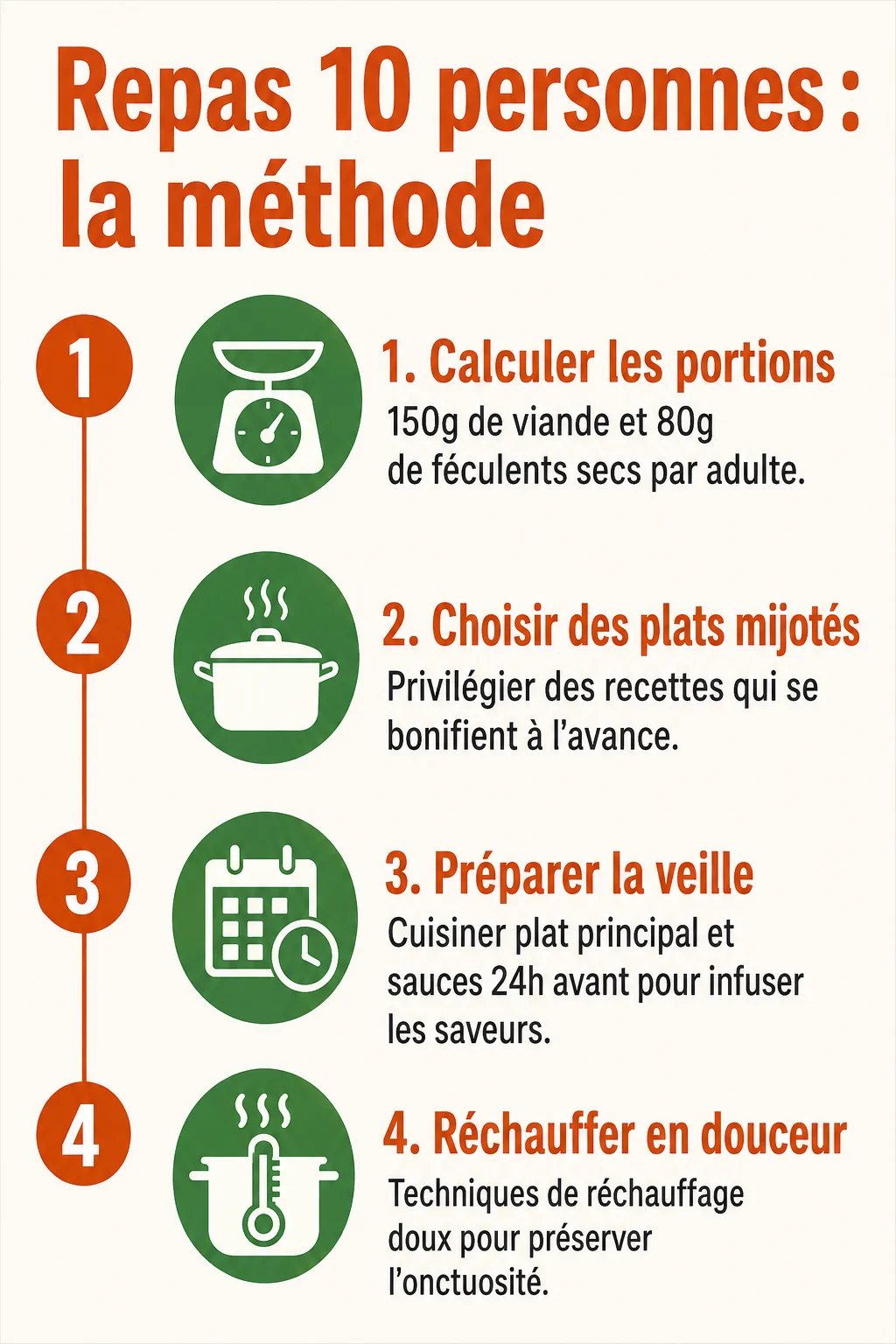 Repas 10 personnes : la méthode : 1. Calculer les portions, 2. Choisir des plats mijotés, 3. Préparer la veille, 4. Réchauffer en douceur
