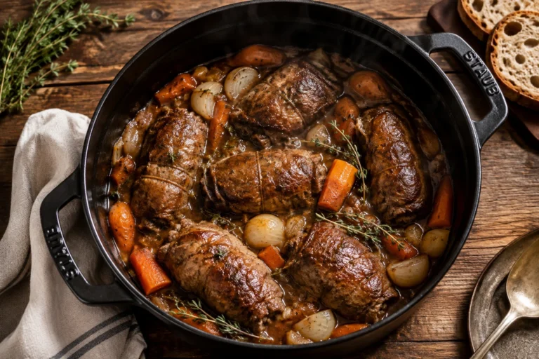 Paupiettes de veau mijotées en cocotte avec légumes de saison