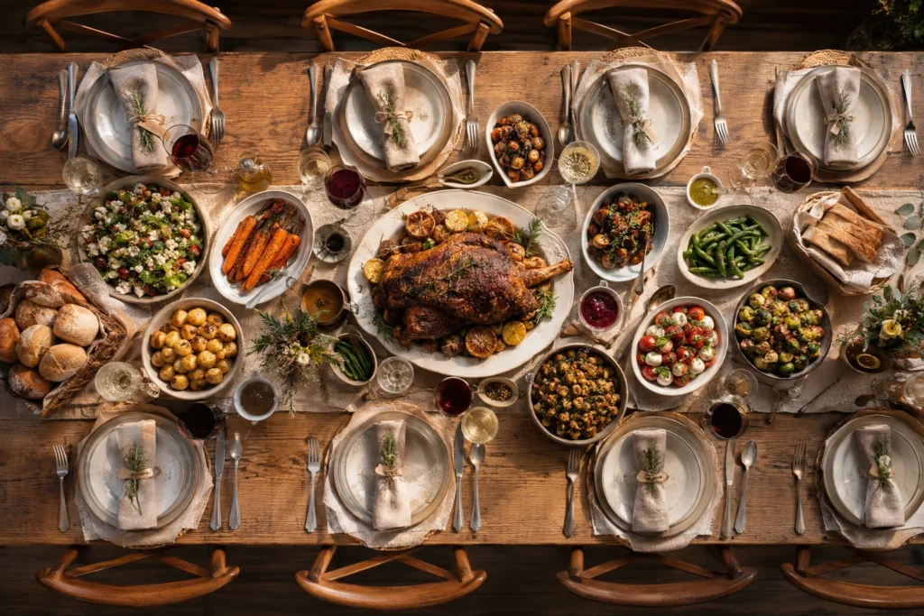 Table dressée avec plats généreux pour un repas convivial entre dix convives