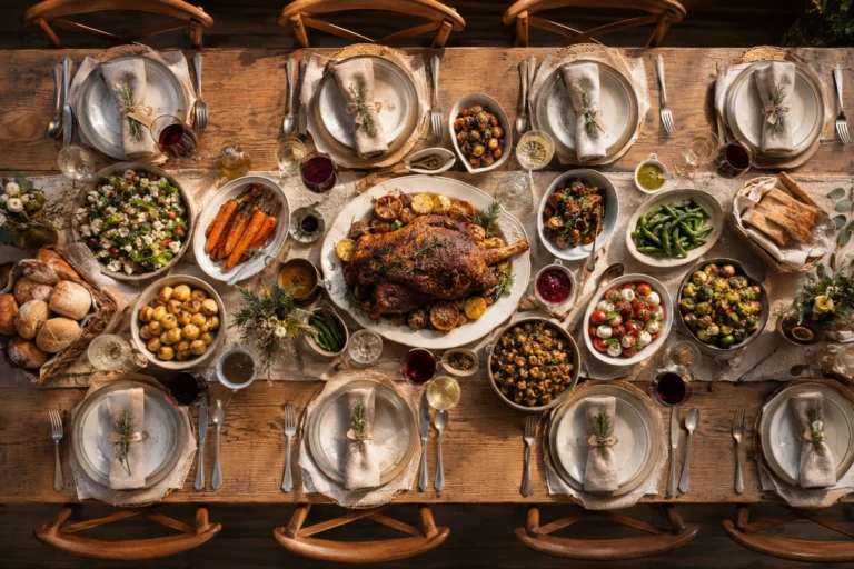 Table dressée avec plats généreux pour un repas convivial entre dix convives