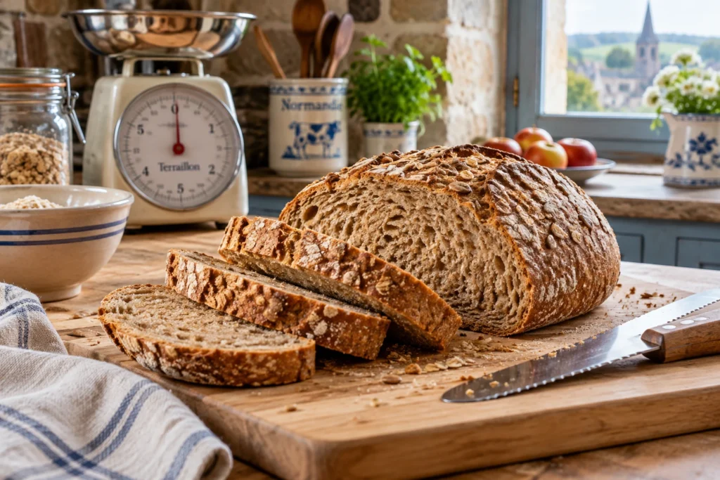 Miche de pain complet tranchée sur une planche en bois avec une balance de cuisine dans une cuisine lumineuse