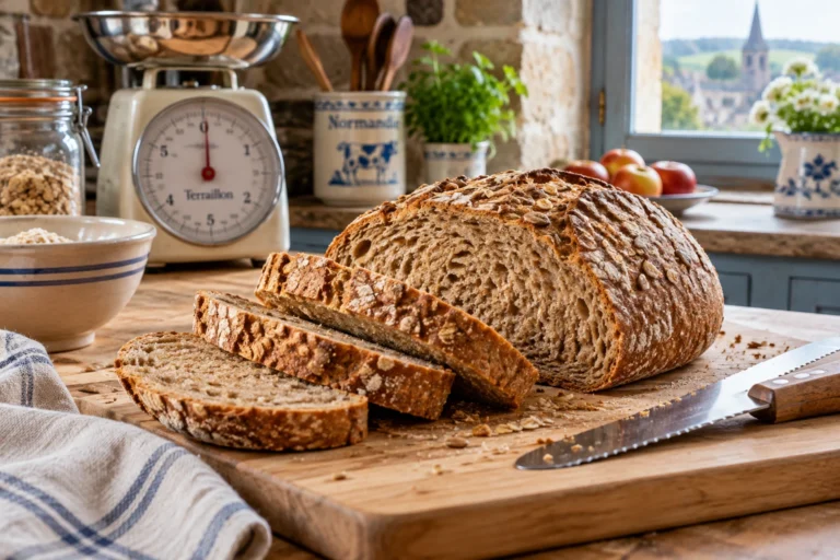 Miche de pain complet tranchée sur une planche en bois avec une balance de cuisine dans une cuisine lumineuse
