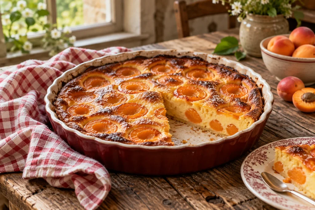 Clafoutis aux abricots doré dans son moule sur une table en bois rustique
