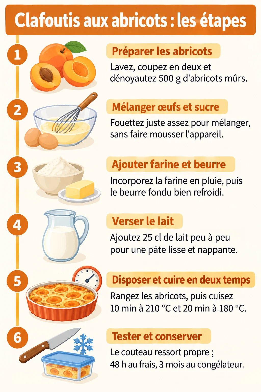 Clafoutis aux abricots : les étapes : 1. Préparer les abricots, 2. Mélanger œufs et sucre, 3. Ajouter farine et beurre, 4. Verser le lait, 5. Disposer et cuire en deux temps, 6. Tester et conserver